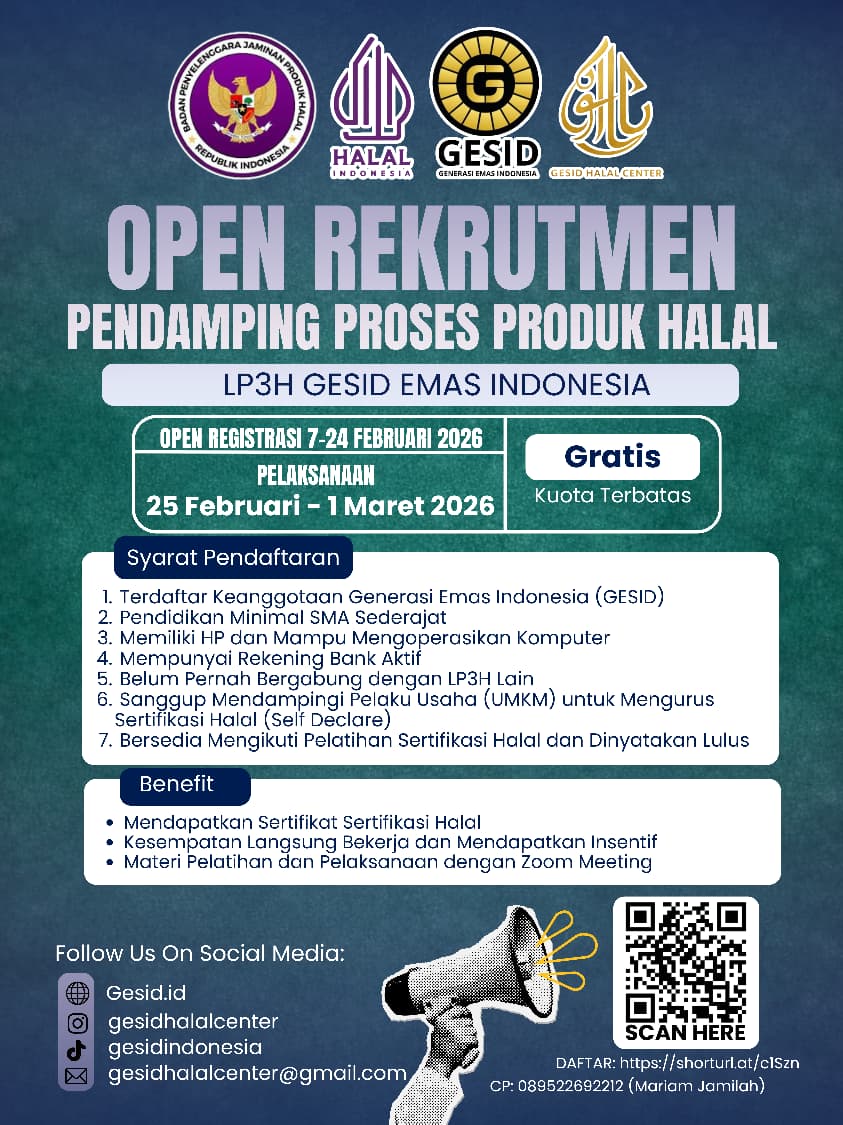 OPEN REKRUTMEN PENDAMPING PROSES PRODUK HALAL LP3H GESID EMAS INDONESIA